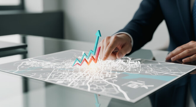 A business person, analyzes an illuminated 3D cityscape map, with a glowing arrow indicating the growth of economic indicators. This represents innovative business analysis and city planning.