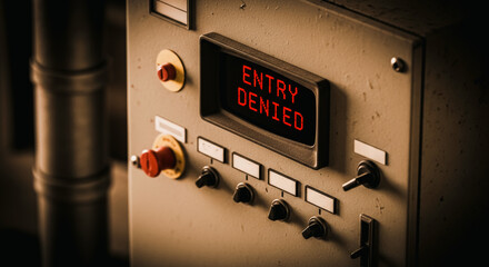 A close-up view of an Entry Denied message on a control panel suggests security and access restrictions within an industrial or technological setting.