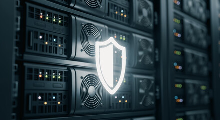 Fototapeta premium Server rack with glowing shield icon representing cybersecurity and data protection