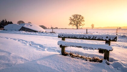 A snow-covered winter scene featuring a bench in the foreground and farm buildings and trees in the distance at sunrise