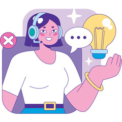 Customer support woman wearing headset with lightbulb icon symbolising idea and chat bubble on transparent background