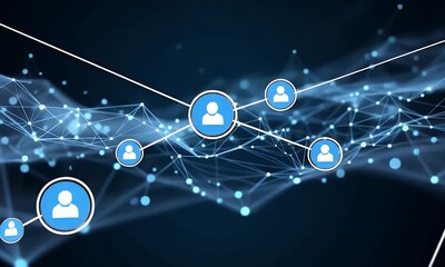 Digital network connection concept with a central user icon representing global connectivity and data flow across a dark blue abstract background with glowing nodes and lines - Powered by Adobe