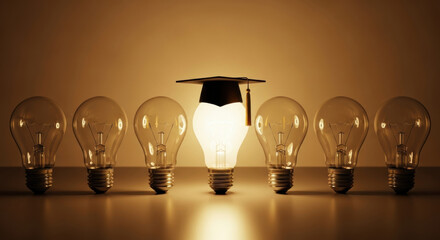 Light bulb graduation cap idea innovation education leadership creativity glowing inspiration achievement glowing light bulb wearing graduation cap stands out among unlit bulbs symbolizing