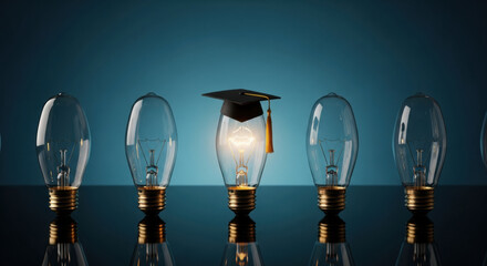 Illuminated light bulb graduation cap innovation education leadership creativity achievement blue background reflection success