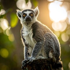 Naklejka premium A ring-tailed lemur with piercing yellow eyes sits on a tree stump with golden sunlight filtering through foliage