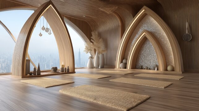 Tranquil meditation space urban highrise interior design serene environment wide angle mindfulness concept