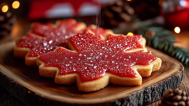 Maple leaf shaped cookies with red icing