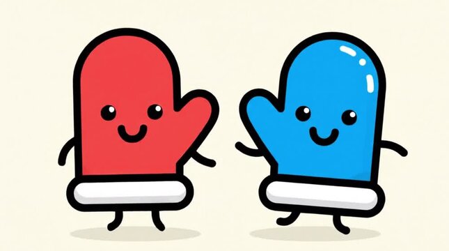 Adorable Cartoon Mittens in Red and Blue, Bringing Joy and Warmth to Cold Winter Days
