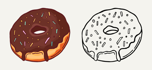 Cute hand-drawn donut illustration with chocolate glaze and sprinkles. Perfect for bakery, cafe menu, poster, and sweet food design projects