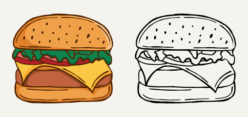 Colorful and outline hand drawn hamburger illustration showing a delicious fast food meal. Perfect for menu design, restaurant branding, poster