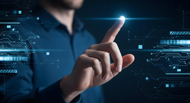 Businessman Touching a Glowing Data Point on an Abstract Technology Interface