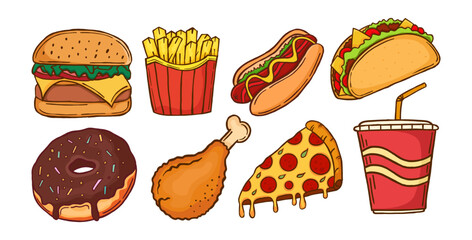 Colorful hand drawn fast food illustration set including burger, fries, hot dog, taco, donut, pizza, chicken, soda, and sandwich. vector design perfect for menu, poster, and food project
