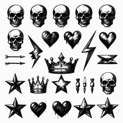 Tattoo Elements Collection Skulls Hearts Stars Crowns Lightning.