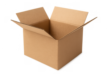 Empty opened cardboard box on a transparent background, ready for sending, receiving, moving, or storage