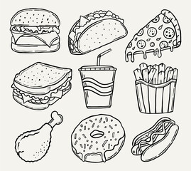 A set of simple line art illustration of fast food hand drawn burger, pizza, donut, taco, sandwich, soda, french fries, chicken, and hotdog. Perfect for menu, poster, and more