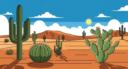 A vibrant desert landscape with various cacti under a bright blue sky and scattered clouds, showcasing the arid beauty and unique flora of the southwestern region