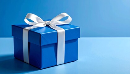 A vibrant blue gift box with a matching background. It features a decorative white ribbon and bow, ready for a special occasion