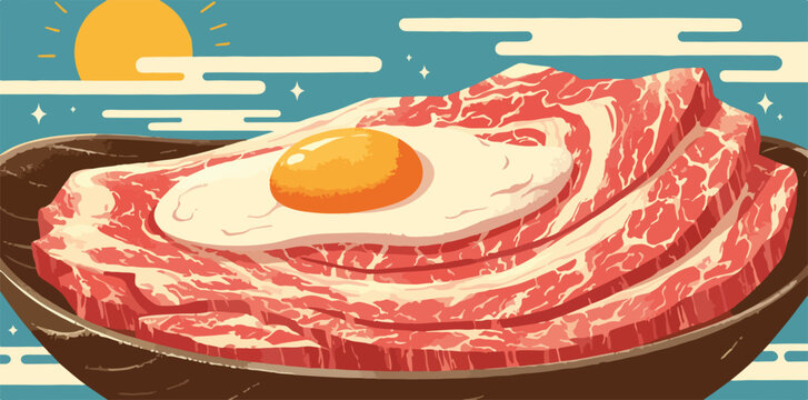 Ilustracja wektorowa surowego mięsa wołowego z jajkiem sadzonym na talerzu, stylizowane na płasko.