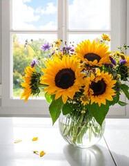 A vibrant bouquet of yellow sunflowers and other wildflowers sits in a glass vase, near a window. Sunlight streams in