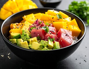 A vibrant bowl filled with fresh tuna, avocado, and mango, complemented by rice and sprinkled with sesame seeds