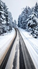 A snowy road winds between snow-covered evergreen trees under a cloudy sky, creating a serene winter scene