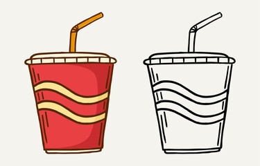 Hand drawn soda drink cup with straw illustration in line art and colorful style. Refreshing and tasty beverage design for poster, menu, and print