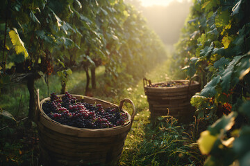 Grapes are harvested in a quiet vineyard at dawn with baskets ready for collection