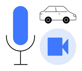 Blue microphone, car silhouette, and video camera icon highlight connectivity trends. Ideal for technology, communication, automation, streaming, multimedia mobility innovation. Simple flat