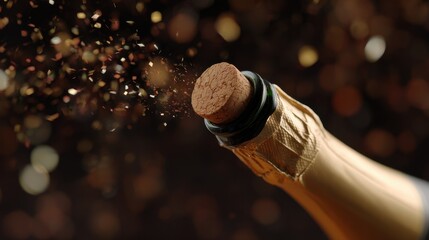 Champagne Bottle with Cork Popping and Sparkles Flying in Air