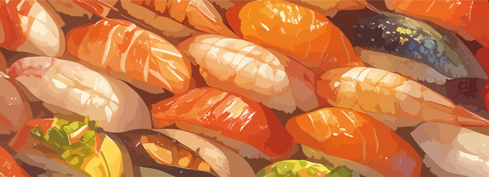Zbliżenie na r&oacute;żnorodne sushi, w tym nigiri z łososiem, krewetkami i makrelą, prezentujące kolory i tekstury.