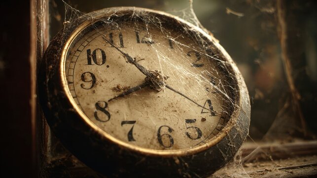Spinning old creepy rustic handheld clock surrounded by dust and cobwebs in a dark abandoned room