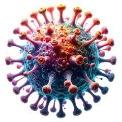 A vibrant, detailed illustration of a spherical viral particle with a textured surface and numerous protruding spikes. The colors are striking