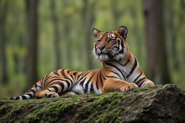Tiger resting on mossy rock amid misty trees. 3d rendering.