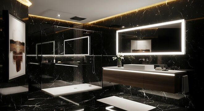 Luxurious Modern Black Marble Bathroom with Sleek Vanity and Illuminated Mirror