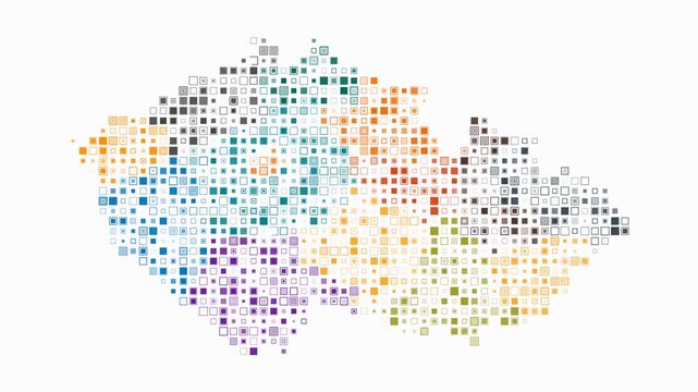 Czechia map animation. Shape of the country with pulsating colored dots. Small size square blocks. Digital style Czechia map on white background. Creative video.