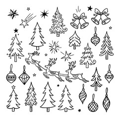 Christmas Doodle Set with Trees Reindeer and Ornaments.