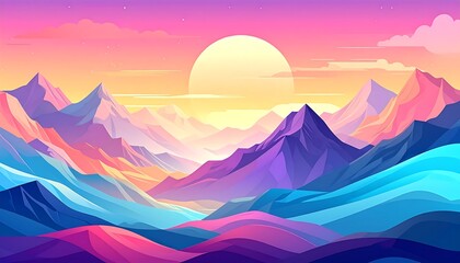 A vibrant digital landscape depicts mountains in shades of purple, blue, and orange. A large sun sets in a colorful sky, creating a beautiful vista