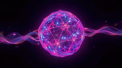 Abstract digital art of a neon 3D sphere made of glowing geometric patterns