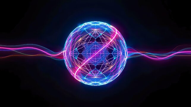 Abstract digital art of a neon 3D sphere made of glowing geometric patterns