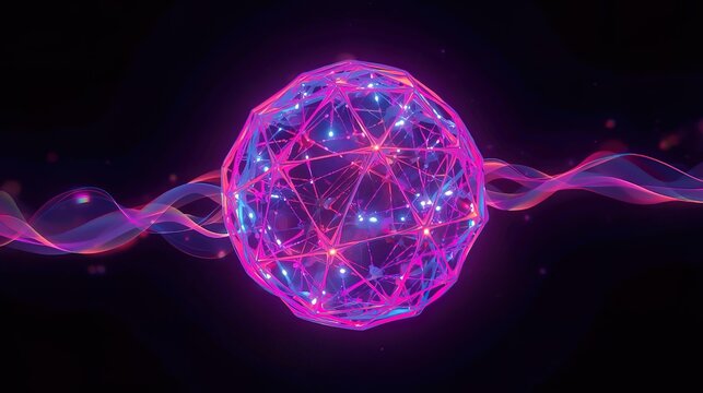 Abstract digital art of a neon 3D sphere made of glowing geometric patterns - Powered by Adobe