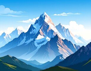 A vibrant illustration depicts a towering snow-capped mountain range under a bright sky with puffy clouds. Lush green valleys frame the peaks