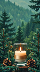 Peaceful forest candle scene surrounded by evergreen branches and pinecones in a tranquil woodland setting