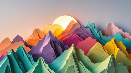 Colorful abstract layered mountain landscape with sun. vibrant paper cut style peaks at sunrise or sunset light.