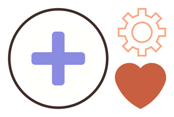Obraz premium Blue cross in a circle, orange gear, and heart symbolizing health, functionality, and care. Ideal for healthcare, medical systems, wellness teamwork innovations self-care and service. Simple flat