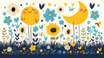 Urocza ilustracja wektorowa z motywem słońca, księżyca, kwiatów i ptaszka na tle natury.