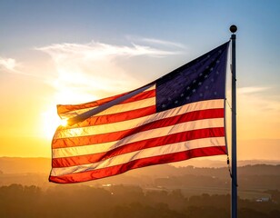 A vibrant sunset silhouettes an American flag atop a pole. The flag billows in the wind with stripes and stars visible. Hazy landscape