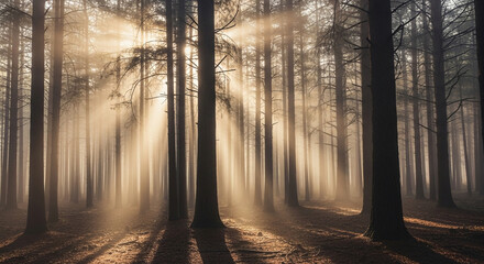 Obraz premium Sunlight filters through the dense forest, casting long shadows and creating a dramatic scene, with the trees standing tall in the golden light of the day