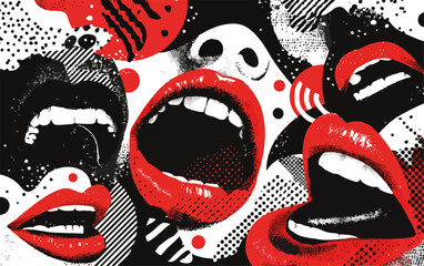 Abstrakcyjny wektor przedstawiający otwarte usta i uśmiechy w stylu pop-art z dominującymi kolorami czerwonym i czarnym.