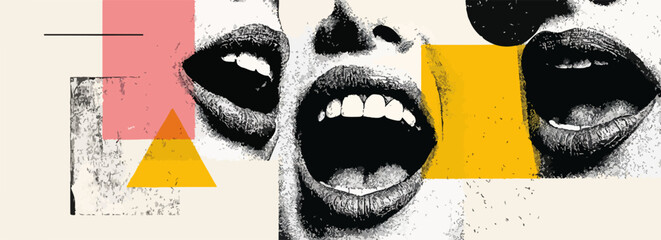 Wektorowa grafika przedstawiająca zbliżenie na usta otwarte w krzyku, z geometrycznymi kształtami.