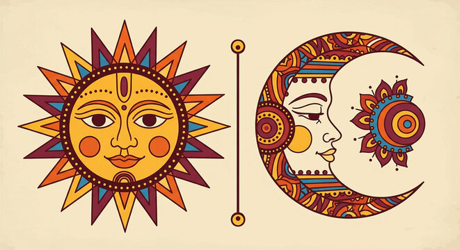 Sun and moon face illustration with ornate detailing, celestial duality artwork for spiritual themes, astrology designs, cosmic posters, mystical decor, symbolic graphic elements